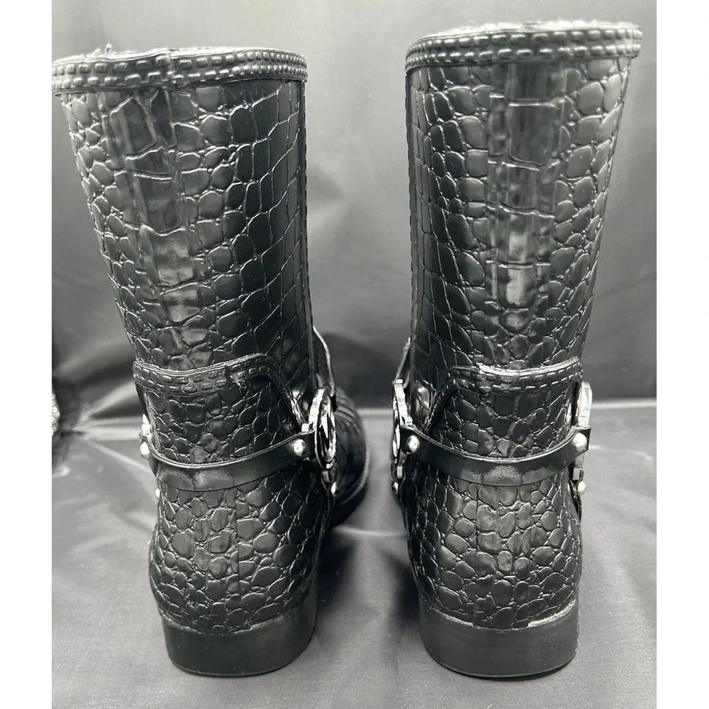MICHAEL KORS FULTON ICONIC MK LOGO HARNESS BLACK CROCO RAIN BOOTS 6 I LOVE SHOES